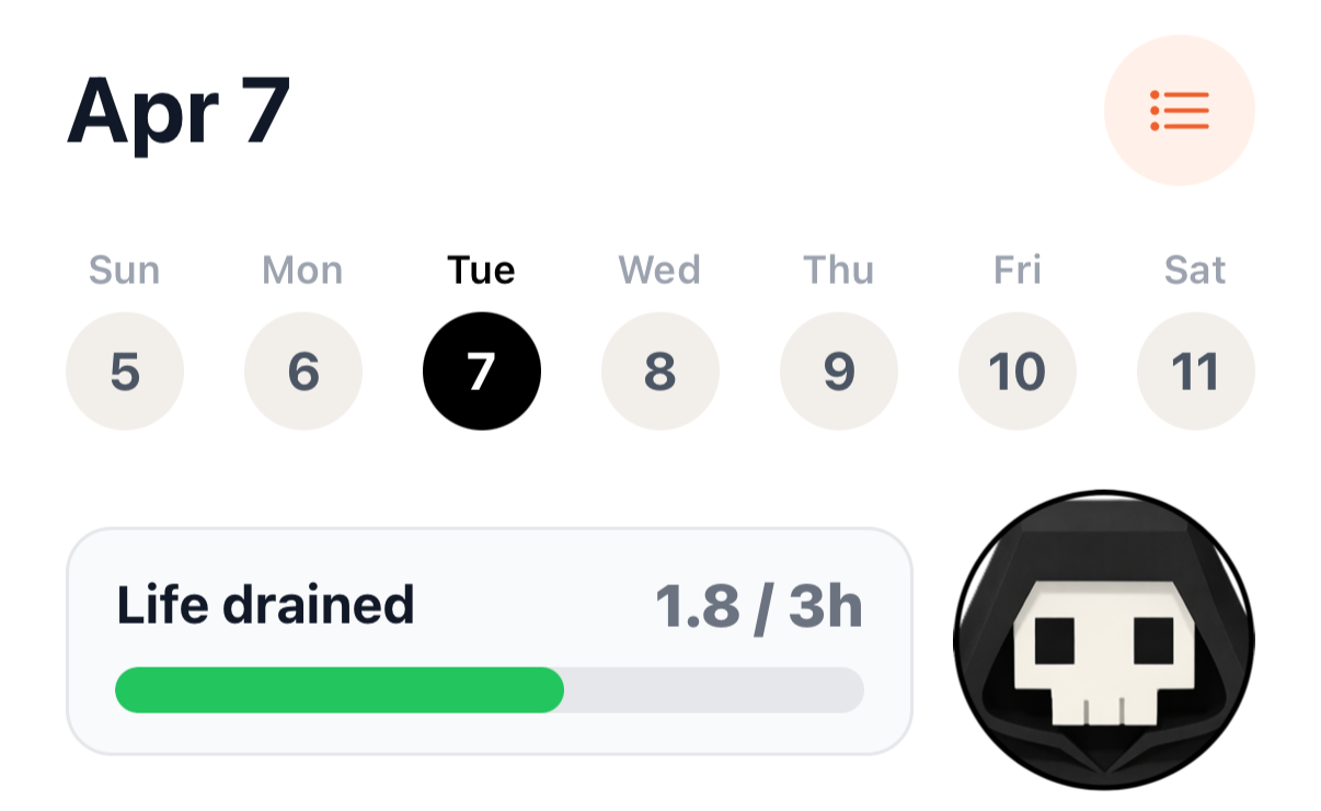 Tracking screen with Life drained and week calendar
